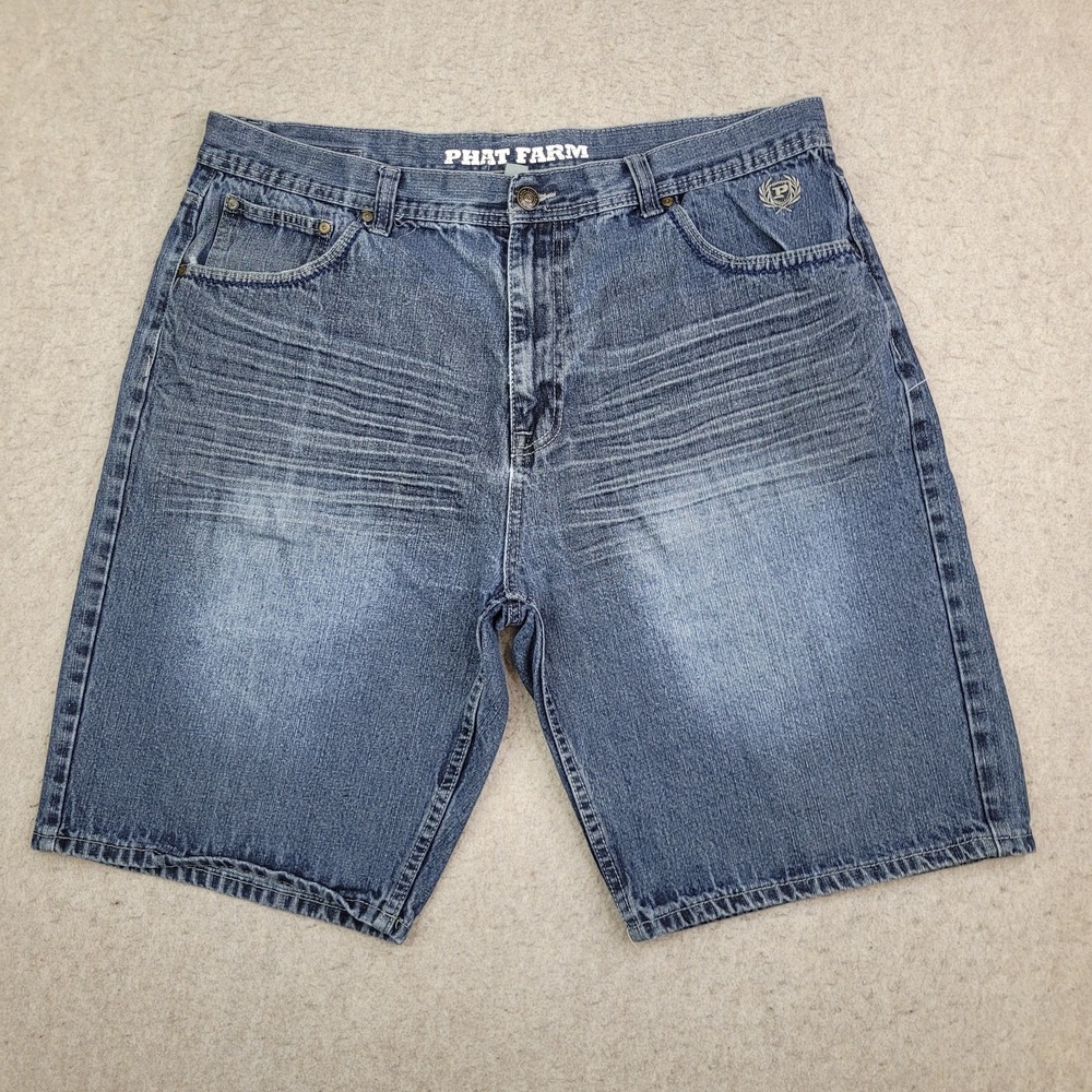 Phat Farm Mens Baggy Denim Shorts Blue Embroidered Size 40 Y2K HipHop Streetwear